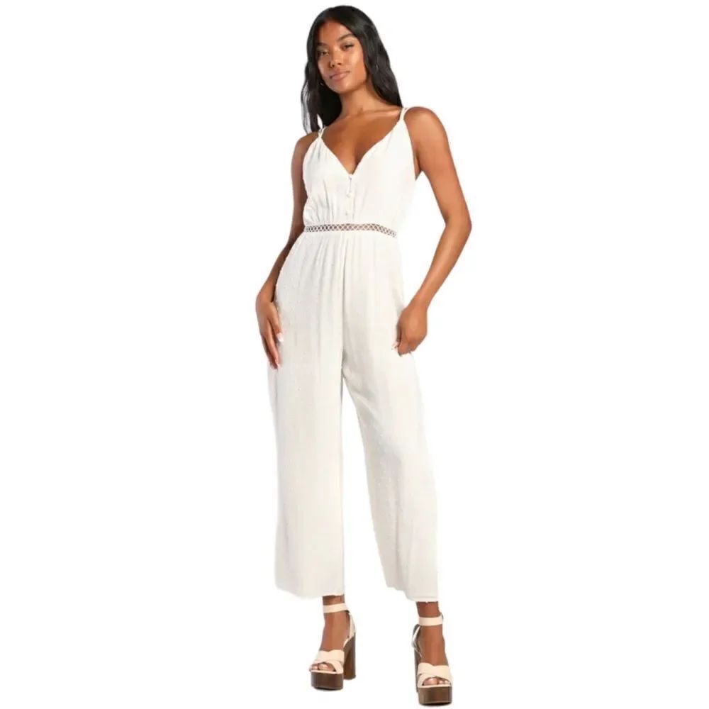 Lulus Ivory Swiss Dot Backless Jumpsuit Large